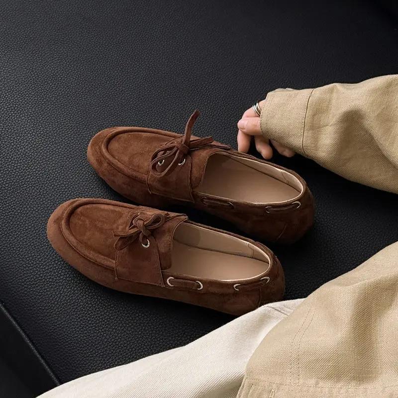MORAZORA – mocassins en cuir suédé pour femmes, 3 couleurs, chaussures plates à lacets, bout rond, c
