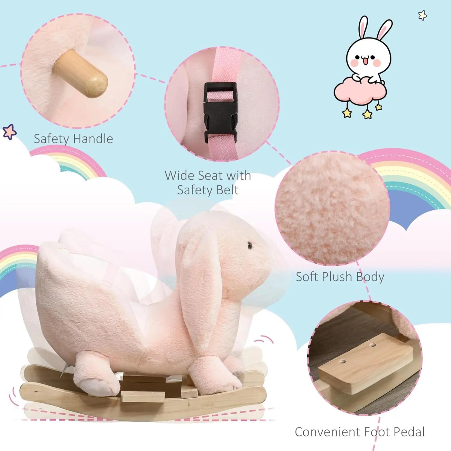 Qaba bébé cheval à bascule, lapin en peluche Animal Rocker avec son simulé, base en bois, ceinture d