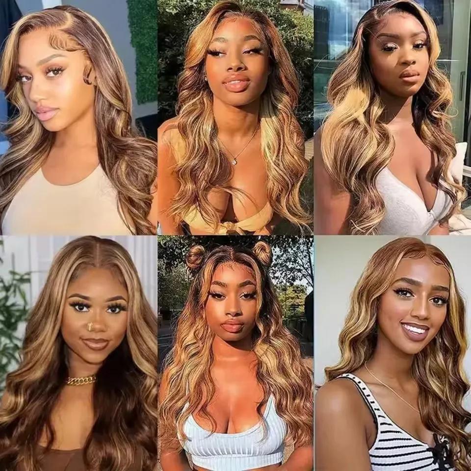 13x6 sans colle mettre en évidence Hd dentelle frontale perruque cheveux humains Ombre couleur miel 