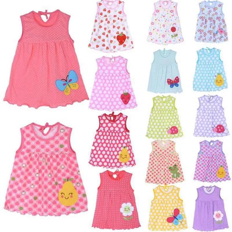 Robes d'été pour bébés filles, en coton, sans manches, imprimé + broderie