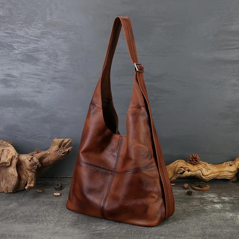 Sac fourre-tout Johnature 2026 en cuir véritable grande capacité, style vintage, en cuir de vachette