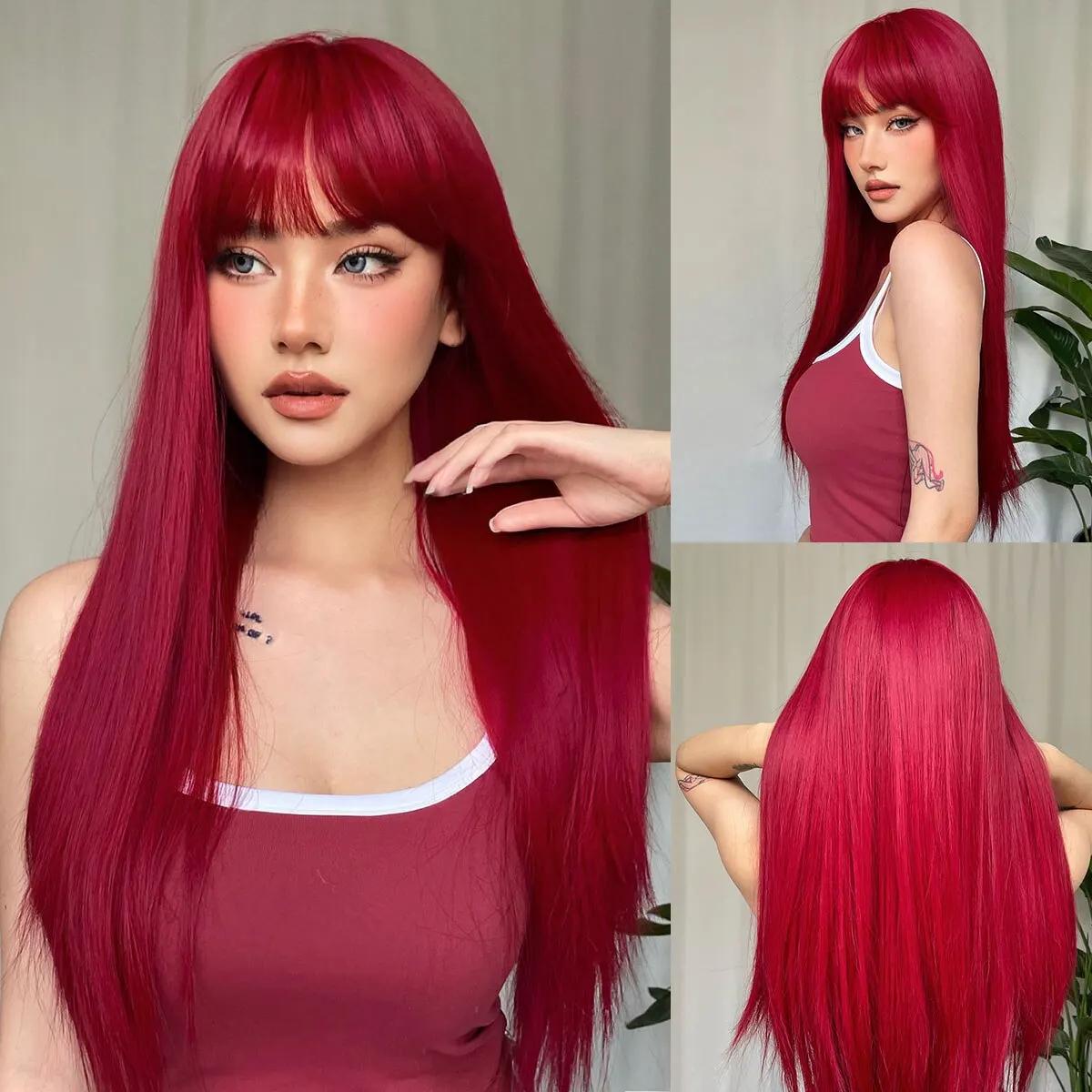 Perruque Synthétique Rouge Vin Clair avec Frange pour Femme, Cheveux Longs et Lisses, Cosplay Nature