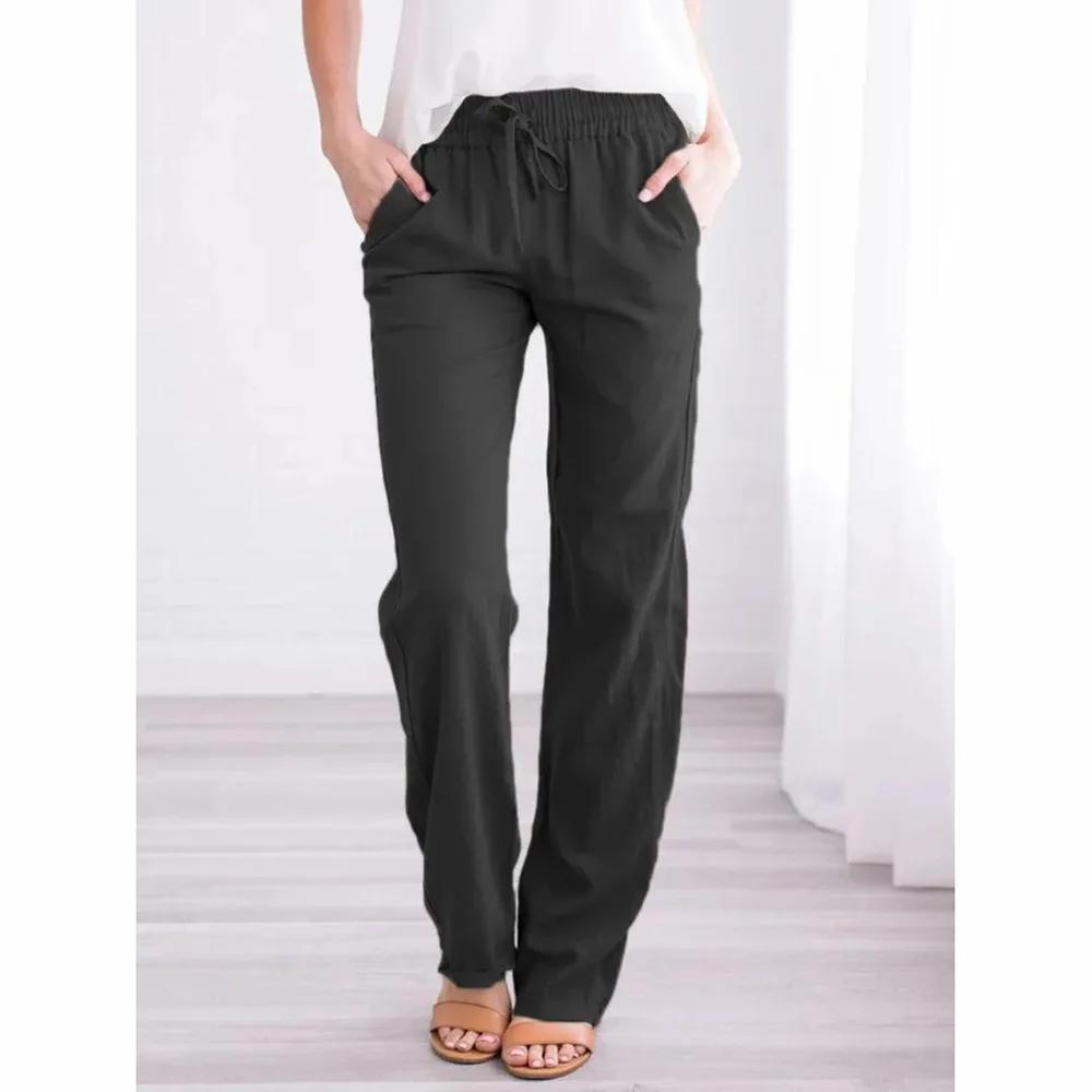 Pantalon en coton et lin pour femmes, avec cordon de serrage, taille élastique, décontracté, couleur