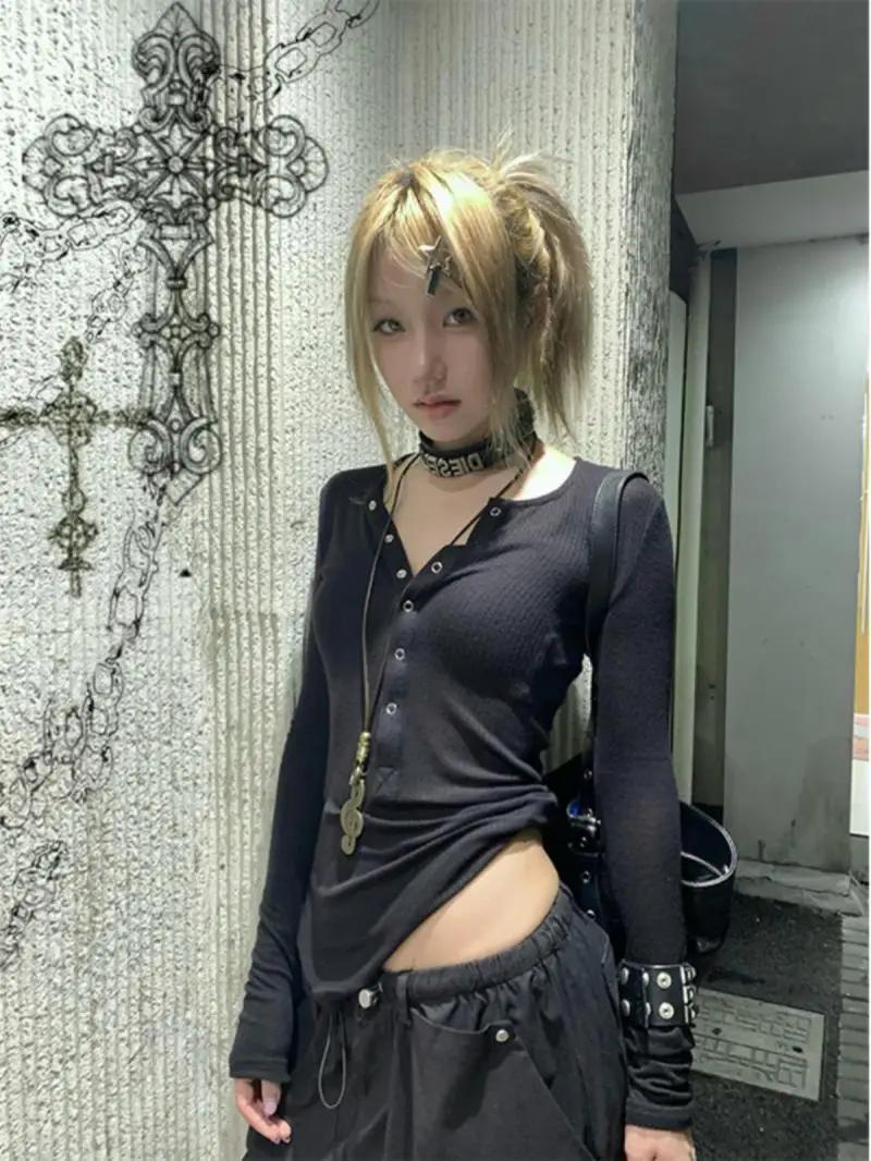 Tonngirls Y2k japonais t-shirt femmes dentelle à manches longues imprimé graphique hauts Streetwear 