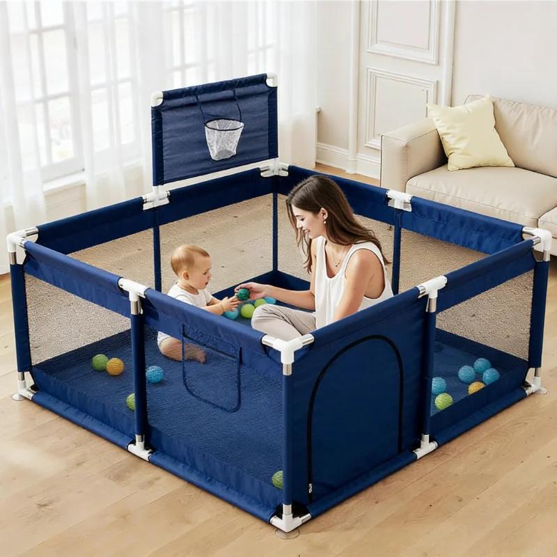 Parc de jeu pour bébé avec panier de basket, aire de jeu de 128 x 128 cm pour tout-petits, centre d'