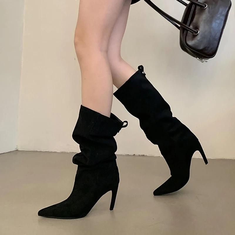 Liyke automne hiver mode mince genou bottes hautes femmes Sexy bout pointu bas talon mince chaussure