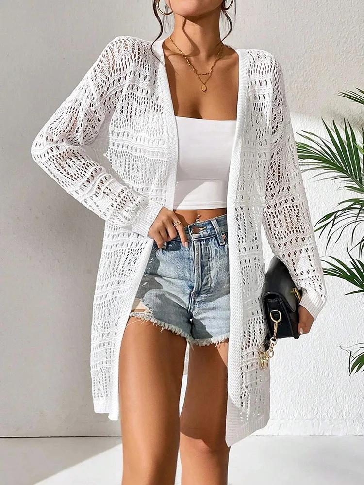 Cardigan tricoté en polyester 100.00% de couleur unie avec pare-soleil et coupe ample, mi-long et pu