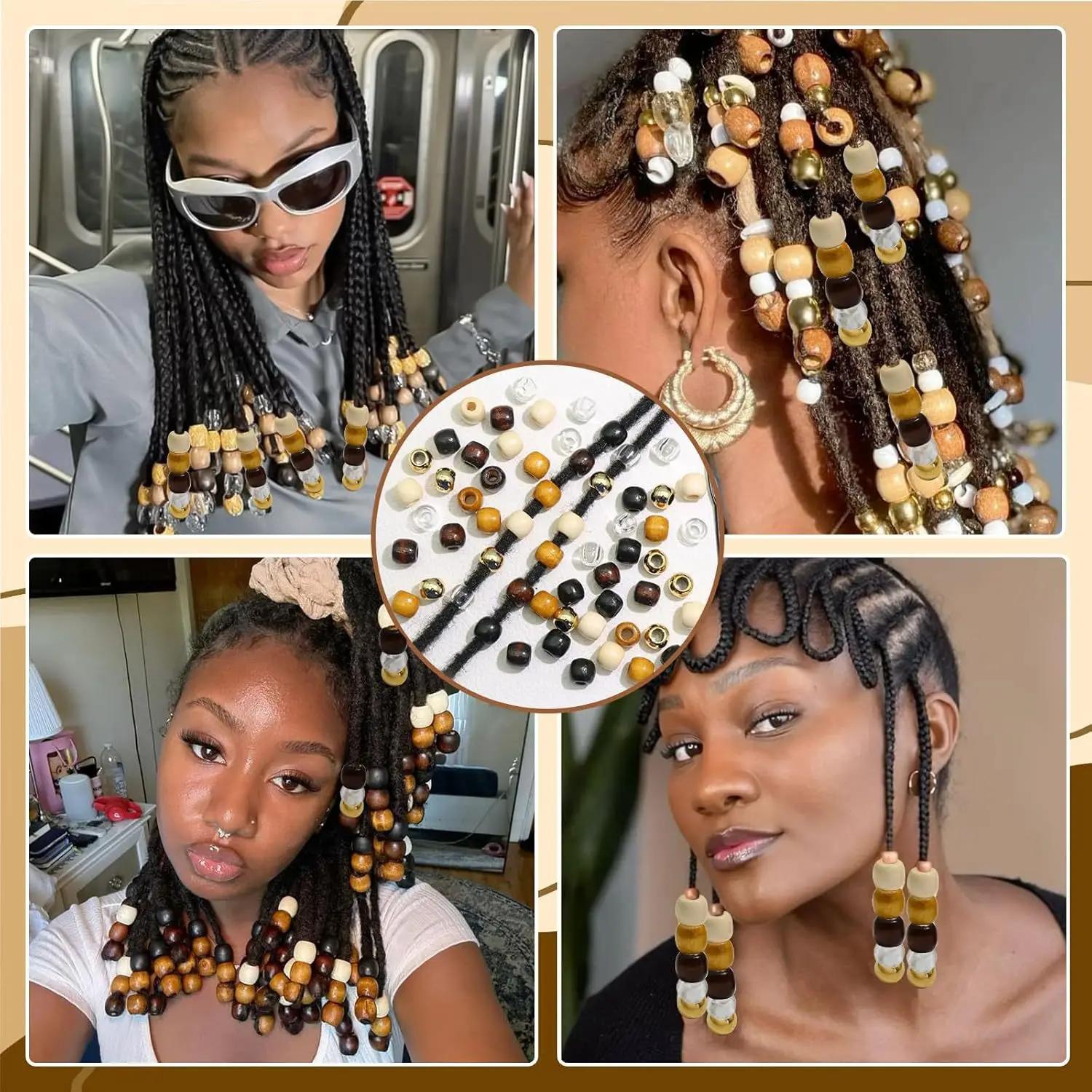 60 pièces de perles de cheveux transparentes + perles de dreadlock en bois avec ensemble d'outils de