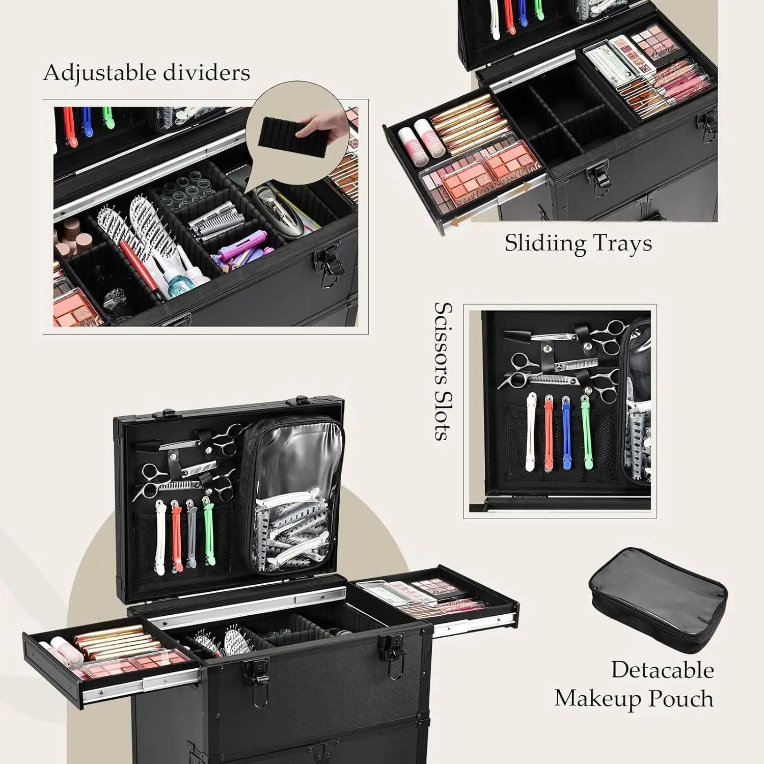 Trousse de maquillage professionnelle à roulettes, 4 tiroirs, étui de Train cosmétique pour coiffeur