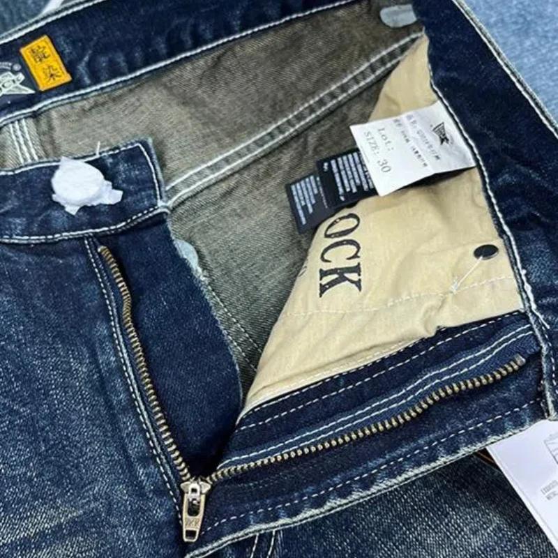 Jean lourd à jambes droites pour hommes, pantalon tendance américain rétro kaki, lavage bleu, vieux 