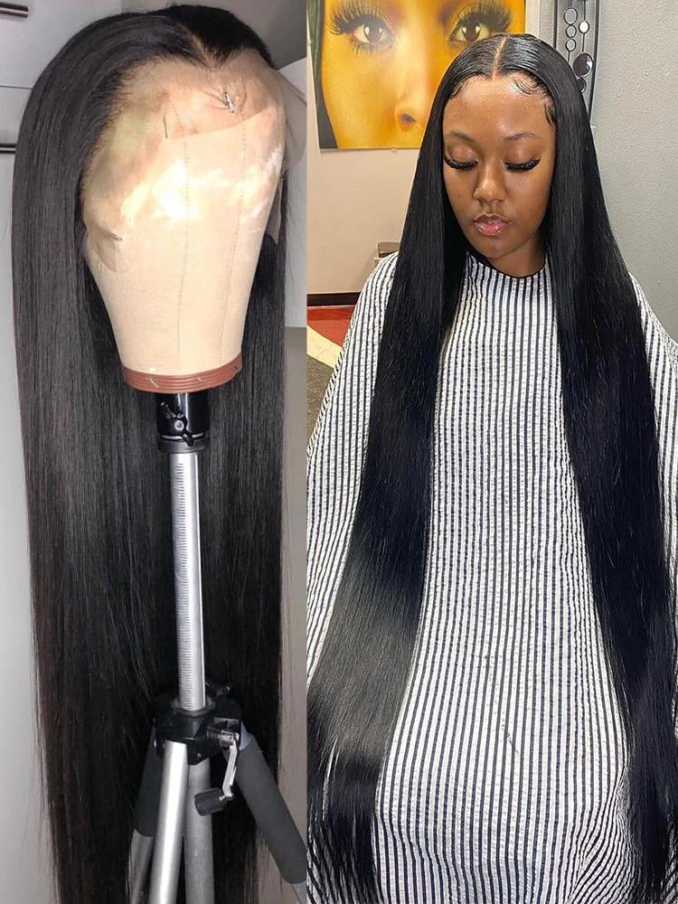 Perruque Lace Front Wig sans colle naturelle, cheveux lisses HD, 13x6, 13x4, pre-plucked, 30 38 pouc