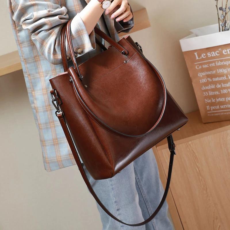 Sac à bandoulière grande capacité pour femme, en cuir huilé tendance, cuir de vachette de haute qual