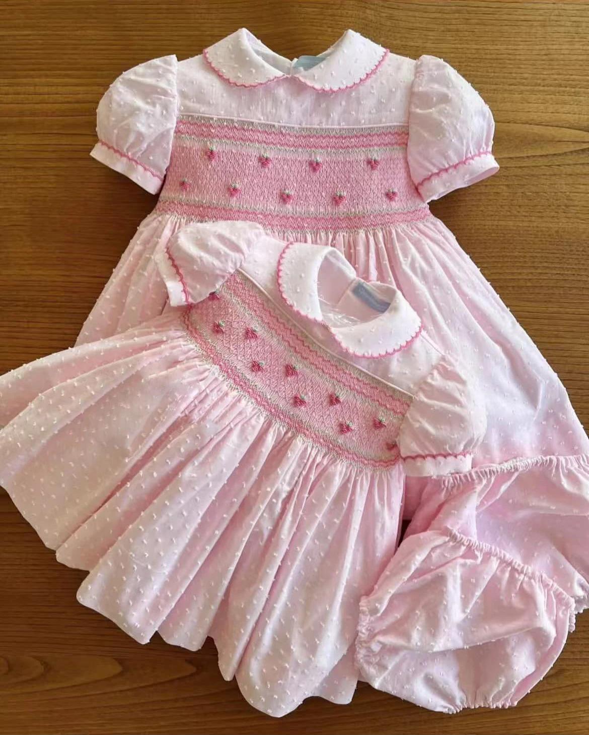Robe d'été pour bébé fille de 0 à 12 ans, broderie de fleurs faite à la main, rose smockée, Vintage,