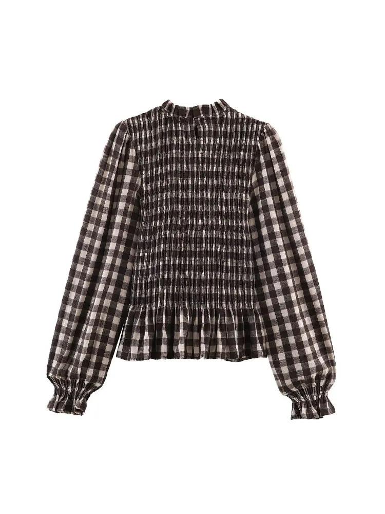Nlzgmsj 2025 Vintage Chic marron chemises à carreaux femmes à manches longues Blouses pli mode décon