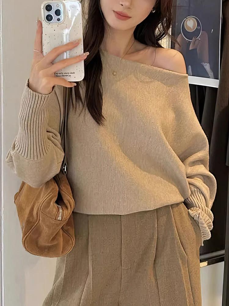 Batwing – Pull tricoté à manches longues pour femme, haut épais à épaules dénudées, mode coréenne, a