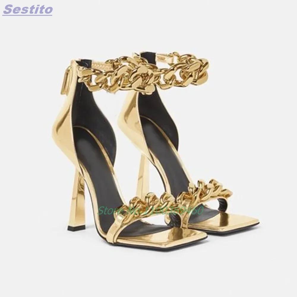 Sandales à talons aiguilles en métal avec chaîne épaisse, bout carré, fermeture éclair arrière, brid
