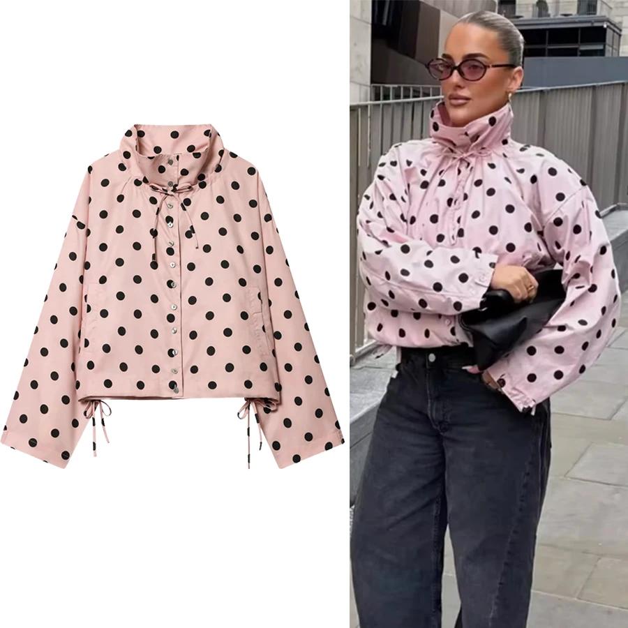 Veste rose à pois à manches longues pour femme, manteau décontracté à col montant et simple boutonna