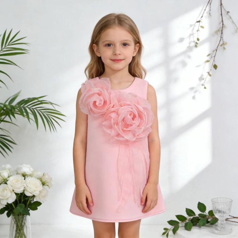 Nouvelle Robe de Princesse Rose Sans Manches pour Filles, Robe de Soirée Élégante avec Fleurs 3D pou