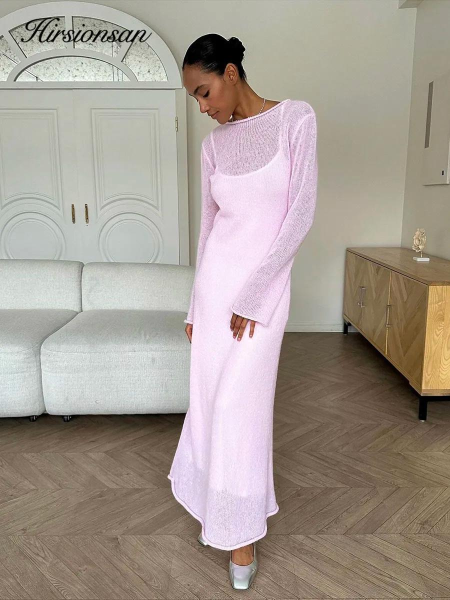 Hirsionsan – robe longue en tricot élastique pour Femme, col rond, élégante, Chic, douce, ajourée, p