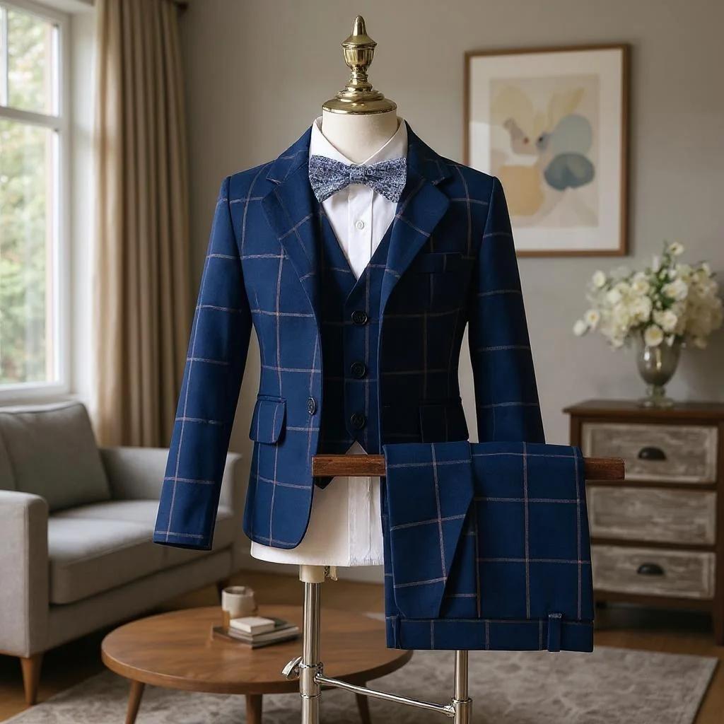 Costume formel à carreaux pour garçons, 3 pièces, smoking de mariage pour enfants, pour hôte, specta