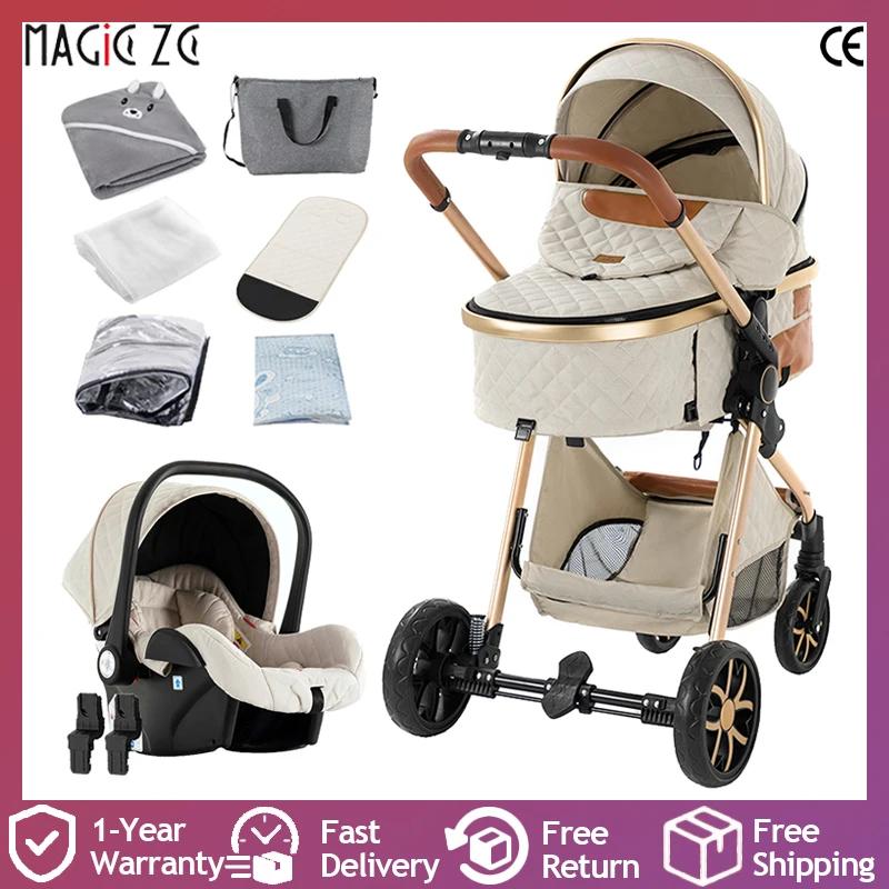 Poussette 3 en 1 avec siège auto, landau de luxe pour bébé, poussette pour bébé de paysage haut, fac