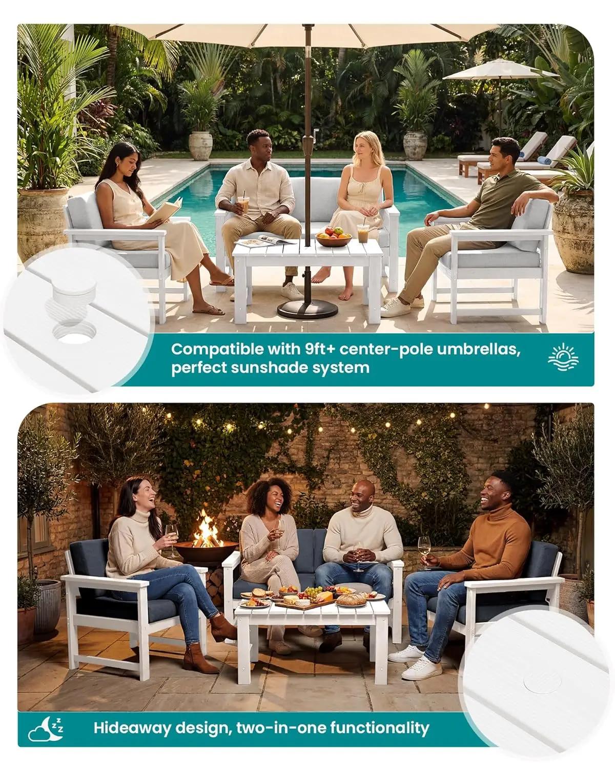 Ensemble de canapé d'extérieur 4 pièces en PEHD avec coussins, résistant aux intempéries, pour conve
