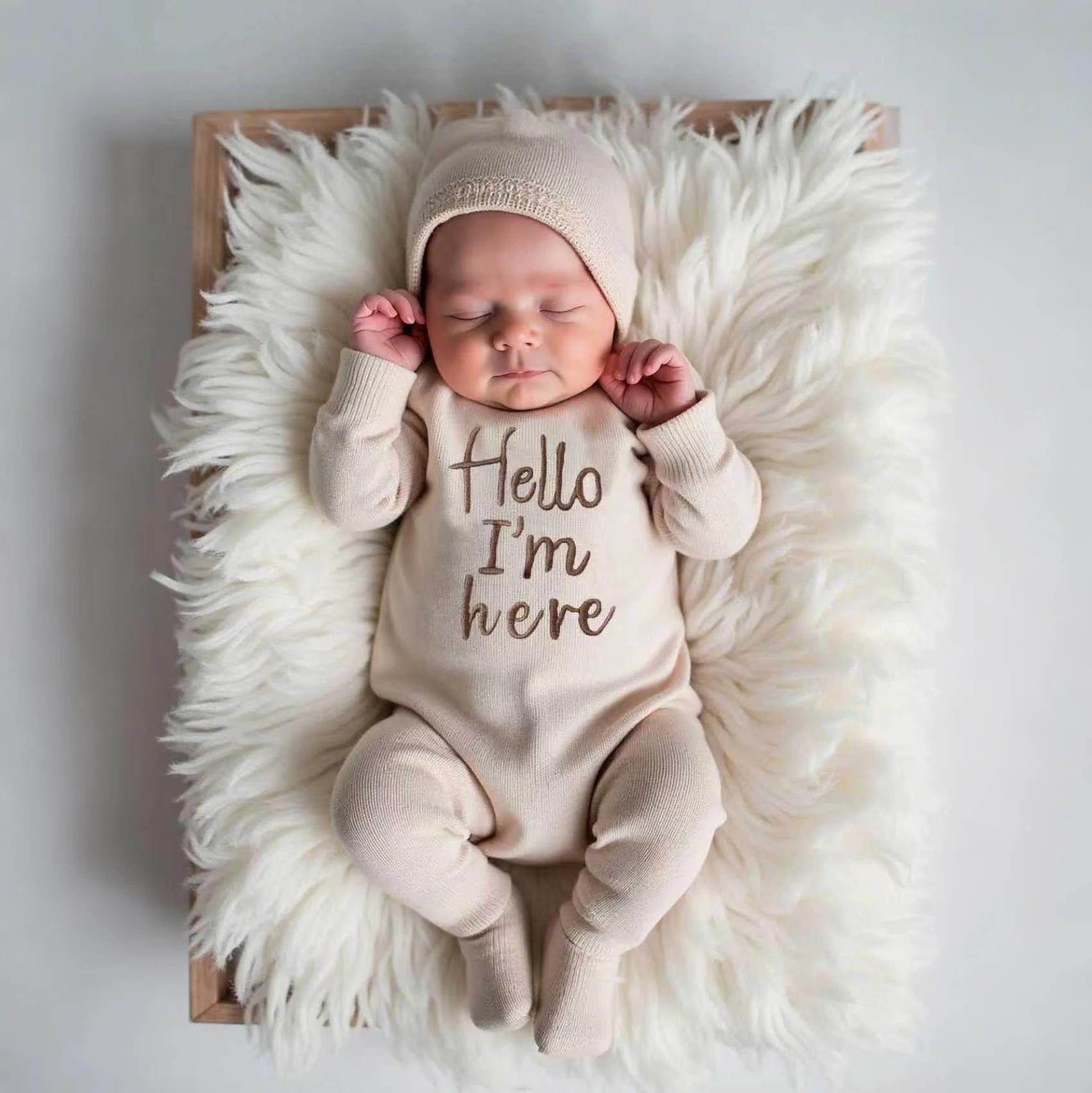 Combinaison bébé Ylsteed 'Bonjour' broderie tricot naissance - Tenue photo nouveau-né garçon fille pieds