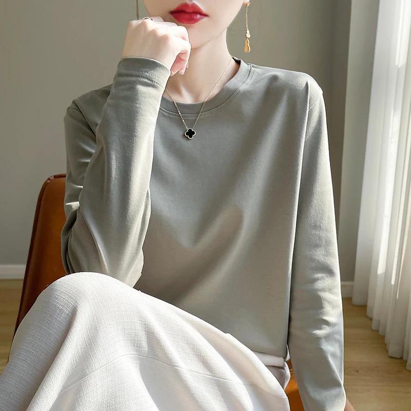 T-Shirt à manches longues et col rond pour femme, 100% coton, chemise à bascule, haut ample, printem