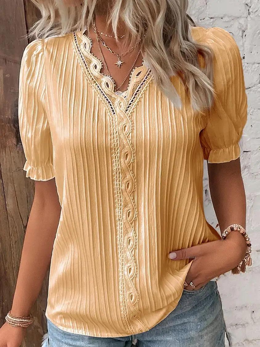 Chemisier élégant à manches courtes pour femme, chemise col en V, patchwork de dentelle, été