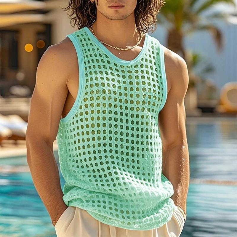 Nouveau Style américain mode hommes hauts vacances populaires évider maille gilets Sexy décontracté 