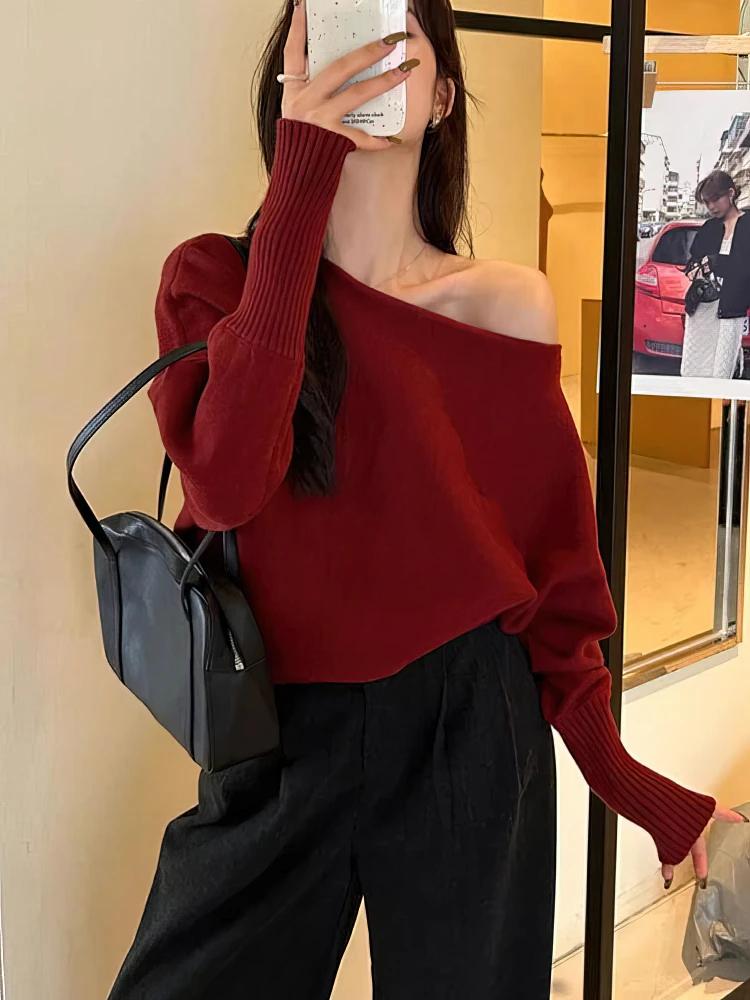 Batwing – Pull tricoté à manches longues pour femme, haut épais à épaules dénudées, mode coréenne, a