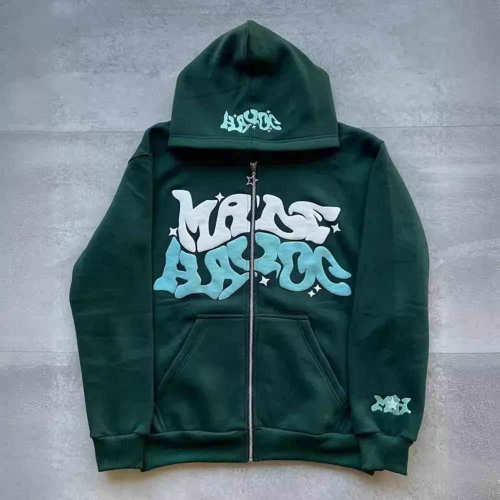 Sweat-shirt à capuche avec fermeture éclair et lettres américaines rétro, adapté aux hommes et aux f