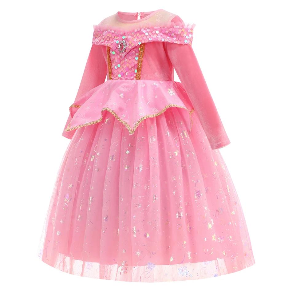 Robe de princesse Aurora pour filles, robe longue en tulle rose à paillettes, couronne, baguette mag