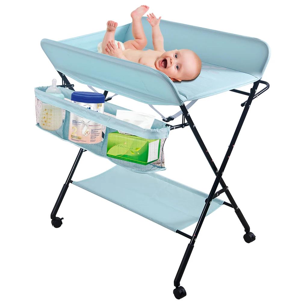 Table à Langer Pliable, Plan à Langer avec Panier Latéral et Roulettes Verrouillables, Meuble pour B