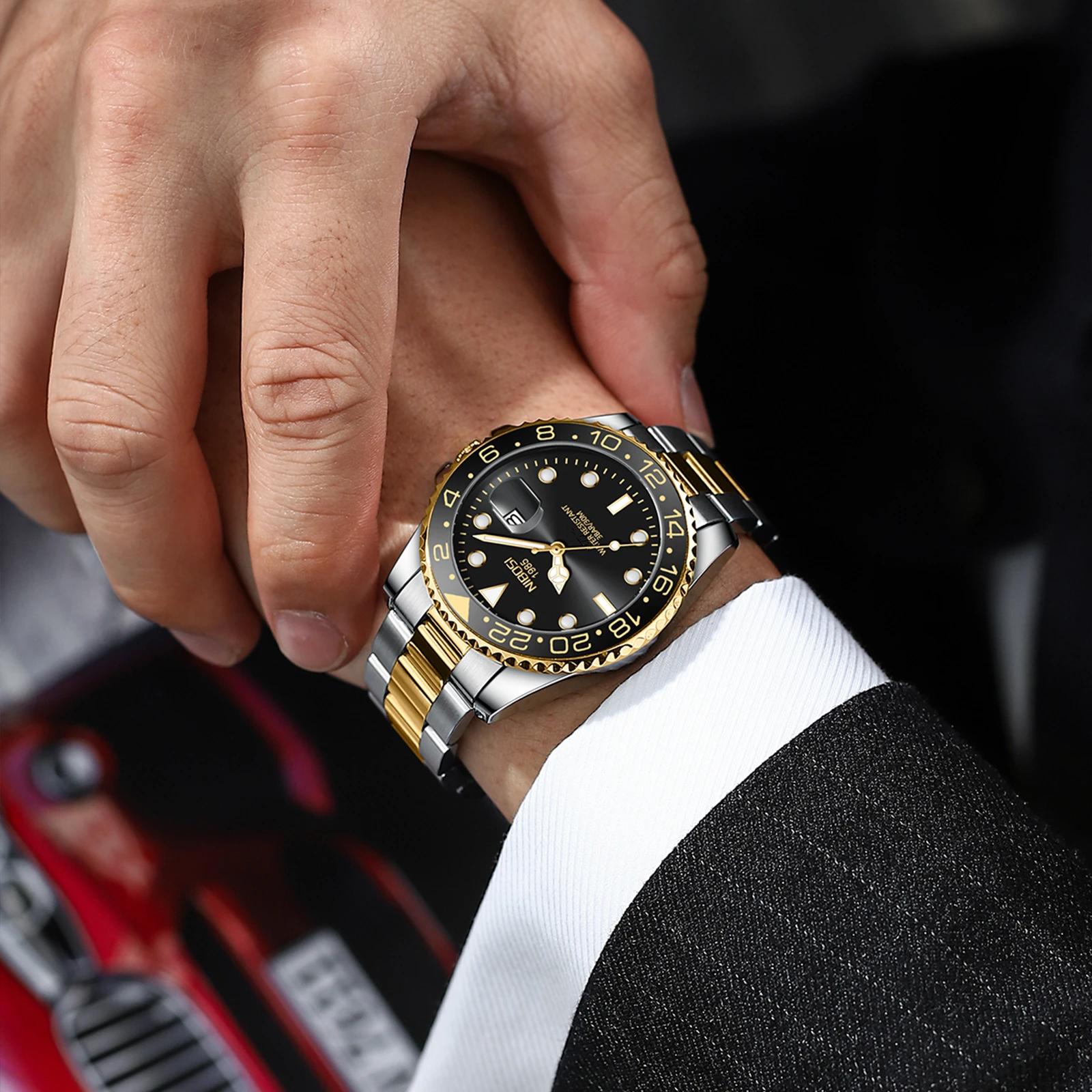 NIBOSI or noir montre hommes Top marque de luxe Quartz hommes montres étanche lumineux en acier inox