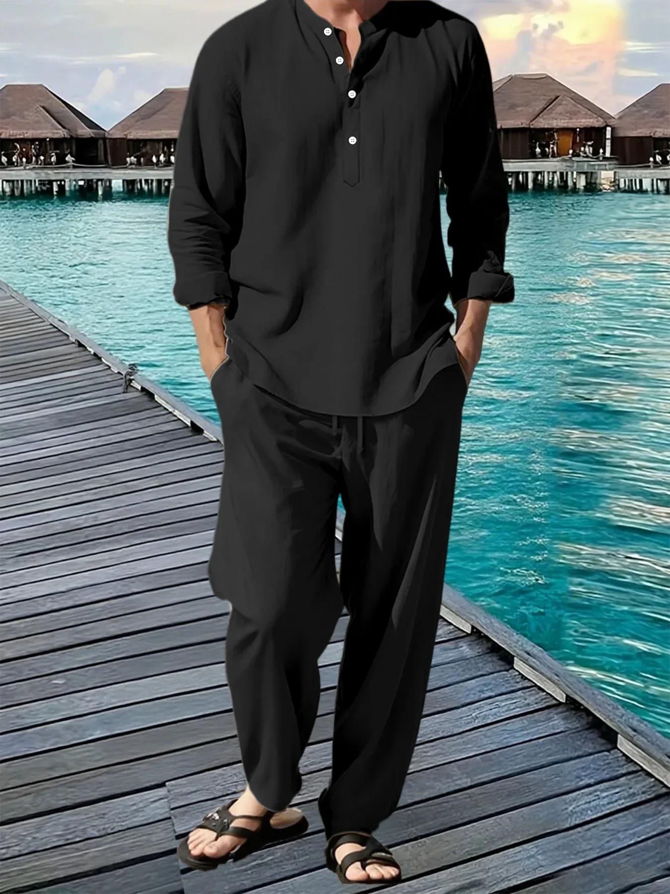 Costume chemise et pantalon pour hommes, respirant, plage, vacances hawaïennes, ensemble décontracté