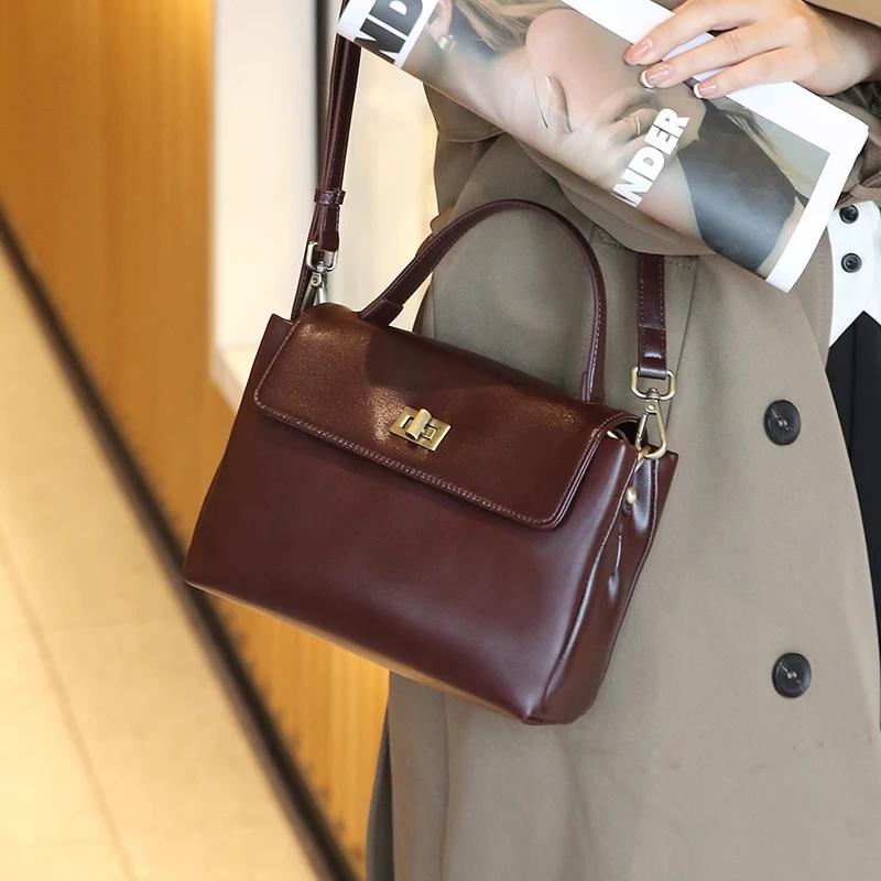 Sacs à main en cuir véritable pour femmes, marron vintage, sac à bandoulière à poignée supérieure, s
