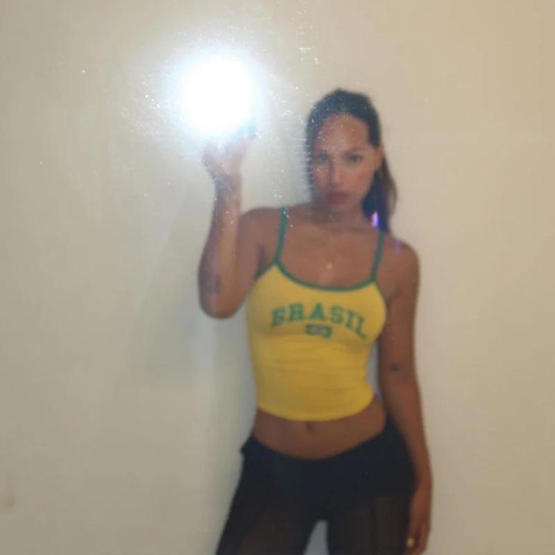 Haut court jaune pour femmes, streetwear brésilien, vêtements décontractés, camisole élastique, dos 