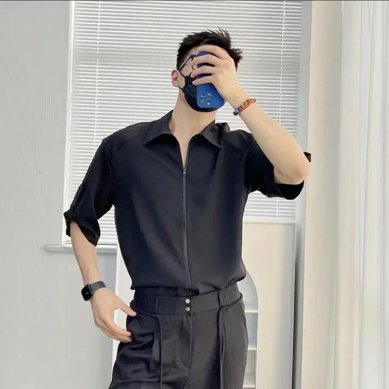 Fermetures éclair chemises pantalons costumes pour hommes plaine respirant vêtements d'été nouveau c