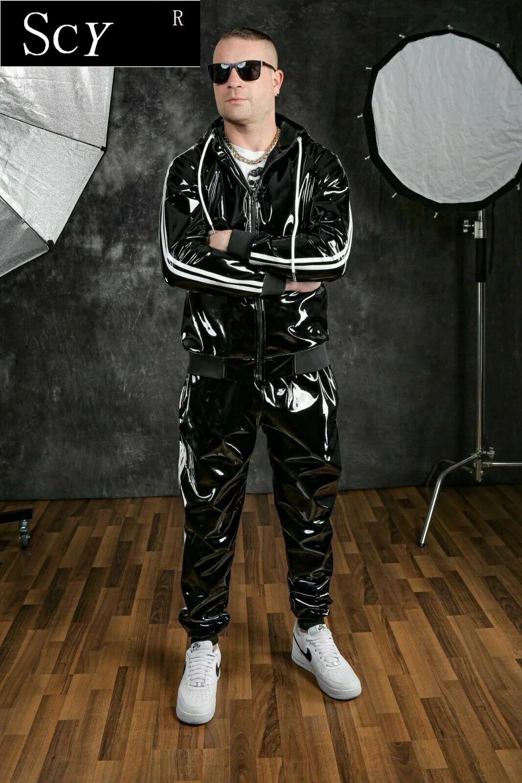 Costume à capuche en cuir PU pour hommes et femmes, vêtements de sport de loisirs, costume de joggin