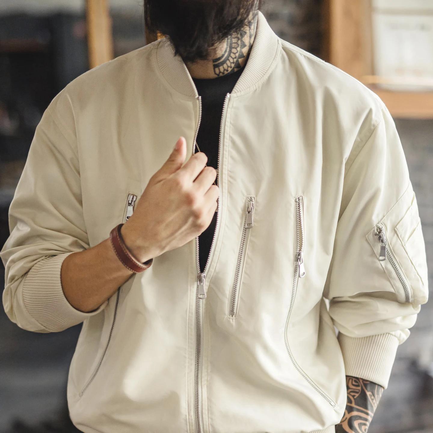 Maden – veste de pilote Vintage L2B pour hommes, blanche, légère, bombardier de vol, courte, fermetu