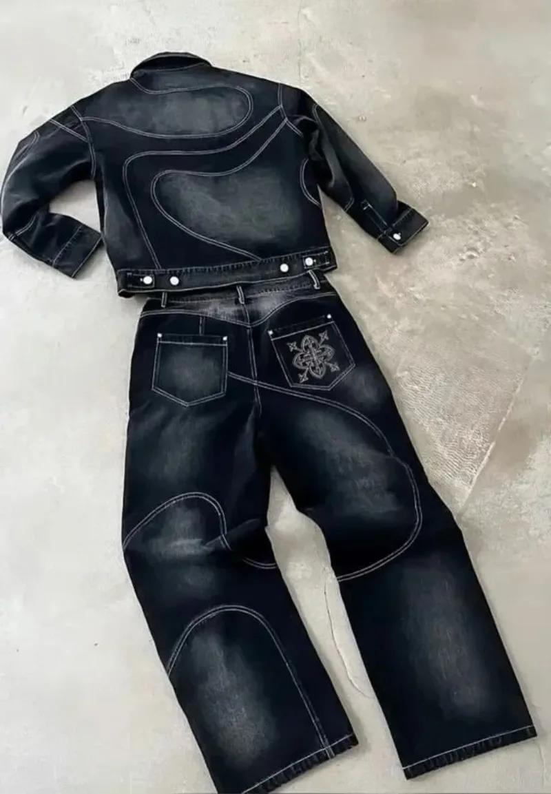 Patch Jeans Veste brodée à rayures rétro Ensemble deux pièces Costume Y2k pour hommes Harajuku hipho
