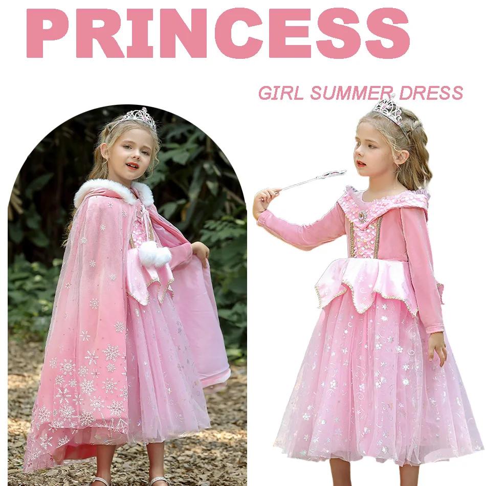 Robe de princesse Aurora pour filles, robe longue en tulle rose à paillettes, couronne, baguette mag