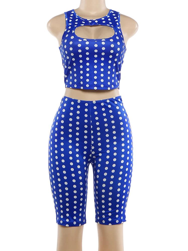 Ensemble 2 pièces Kliou à imprimé pois pour femme, haut court à col rond et design ajouré + short mo