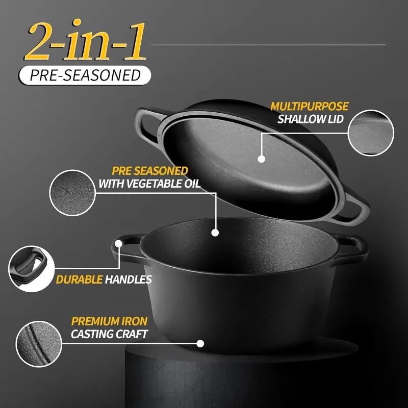 Four en fonte hollandaise pré-assaisonné 2 en 1, friture, cuisson, camping, barbecue, maison, 5QT
