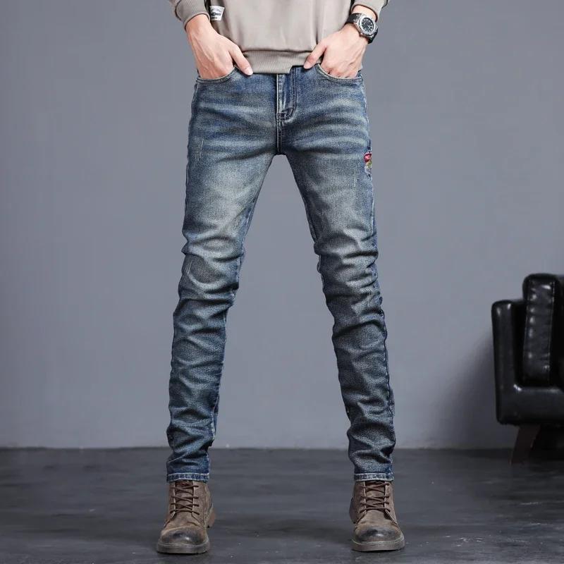 Jeans vintage brodés pour hommes, pantalons en denim Slim, petits pieds, mode coréenne, fjcommisted,