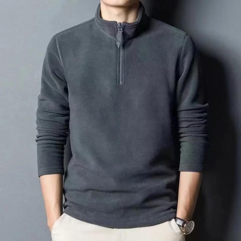 Polos chauds en laine d'agneau pour hommes, sweat-shirt, col montant, demi-fermeture éclair, manches