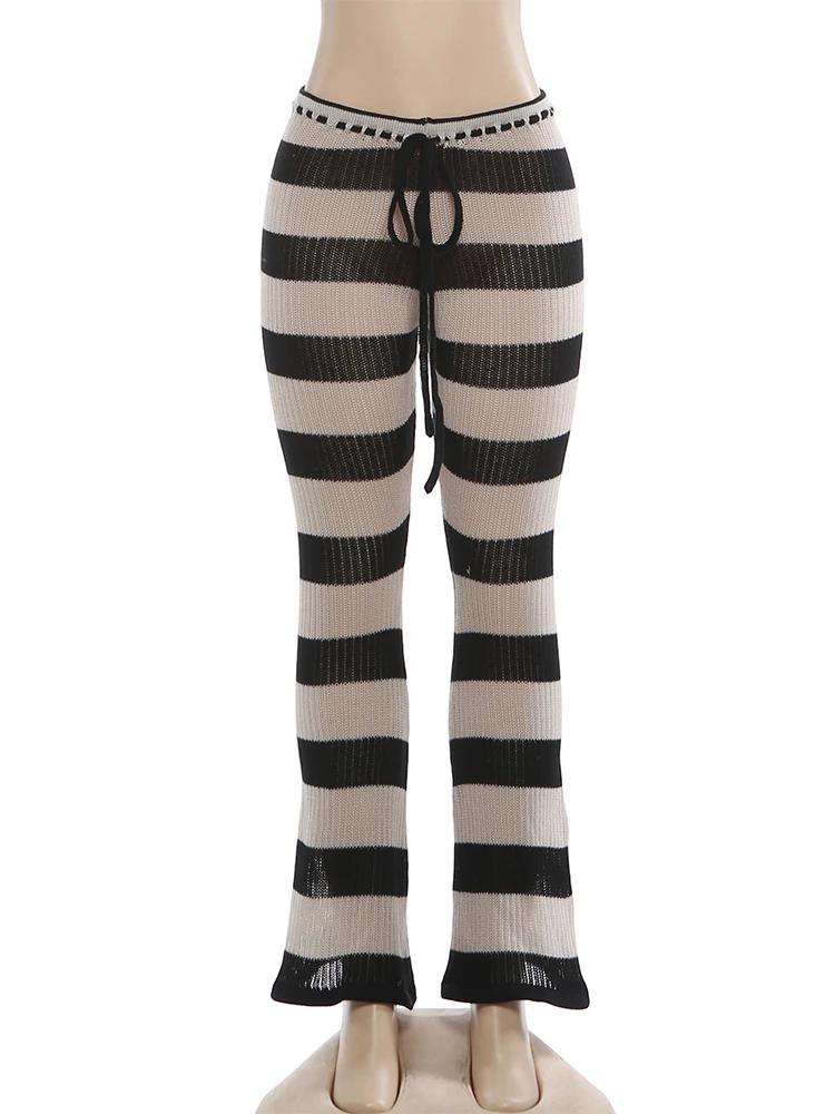 Kliou rayure Patchwork pantalons longs femme automne tendance Crochet froncé élastique taille haute 