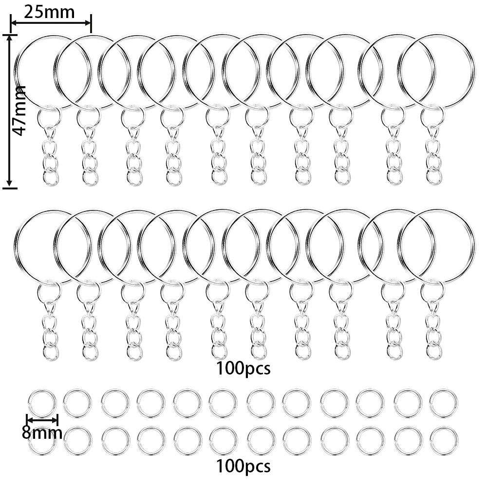 100 pièces 25mm porte-clés avec 100 pièces 8mm anneaux de saut connecteurs pour bricolage porte-clés