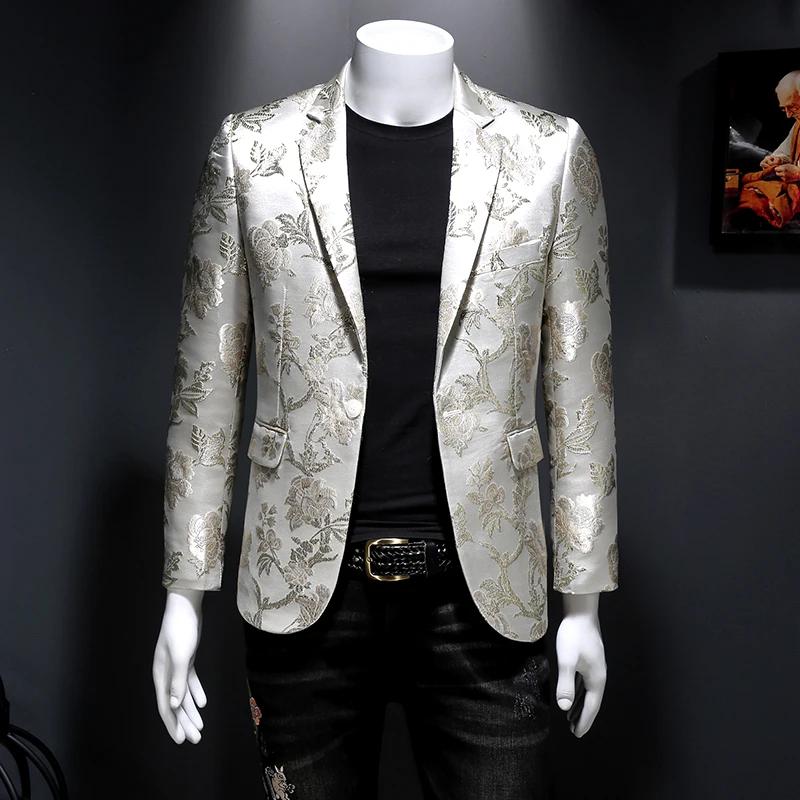 Veste Vintage Luxueuse à Imprimé Floral pour Homme, Tenue de Soirée, Club, Banquet de Mariage, Chant